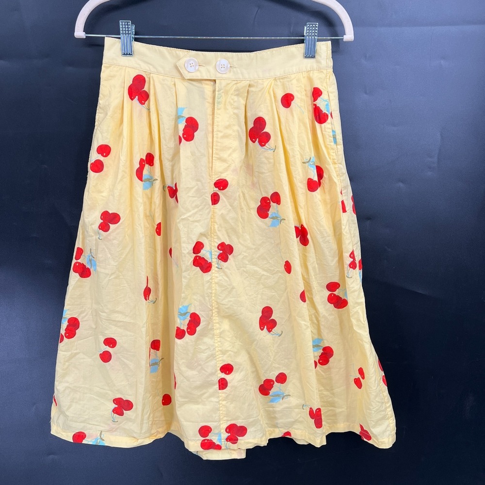 Modcloth butter yellow novelty print cherry midi skirt retro cotton poplin M